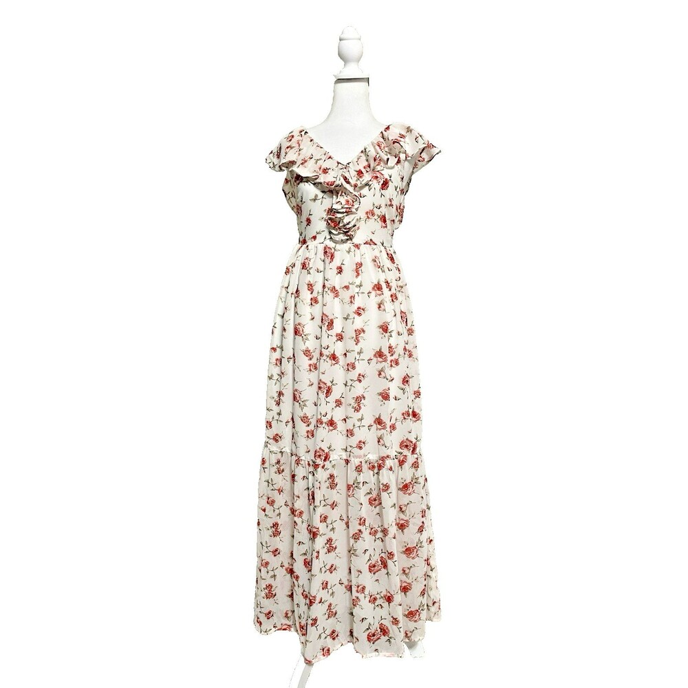 Maxi Dress Tiered S Blush Pink Floral Empire Waist Cottage Romantic Boho Belle